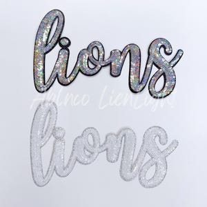 Sequin Lions Script Patch: Iron On Mascot Patch (12” x 7.1”)