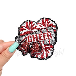 Cheerleading Sequin Patch: Maroon Pom Pom Bow Iron-On