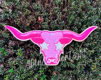 Longhorn Mascot Chenille Patch, Preppy Mascot glitter patch, Texas game day custom trendy spirit wear pink chenille patches iron on shirts