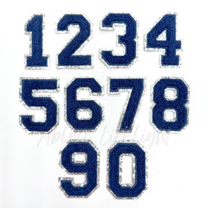 May include: Ten blue felt iron-on patches with silver glitter trim, featuring the numbers 1 through 10.
