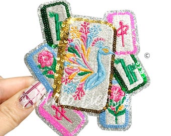 Mahjong Tile Patch, Sequin Applique, Bird Bam Cheer, DIY