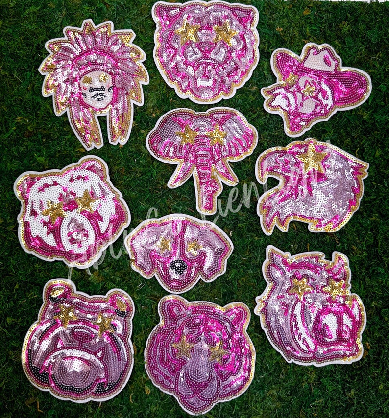 bulldog patch, trucker hat patches, bulldog mascot patch, preppy pink, game day, college wear, bag patch, small hat patch, sequin patch image 3