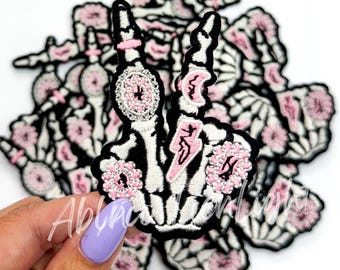Small Pink Skeleton Hand Patch: Chenille Rodeo Iron-On Applique