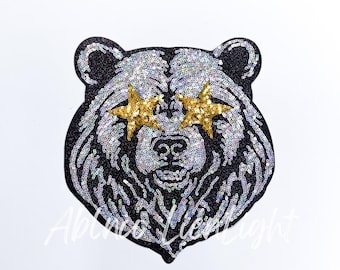 Sequin Bear Patch: Iron On Applique, Game Day Mascot (9.5" x 9")