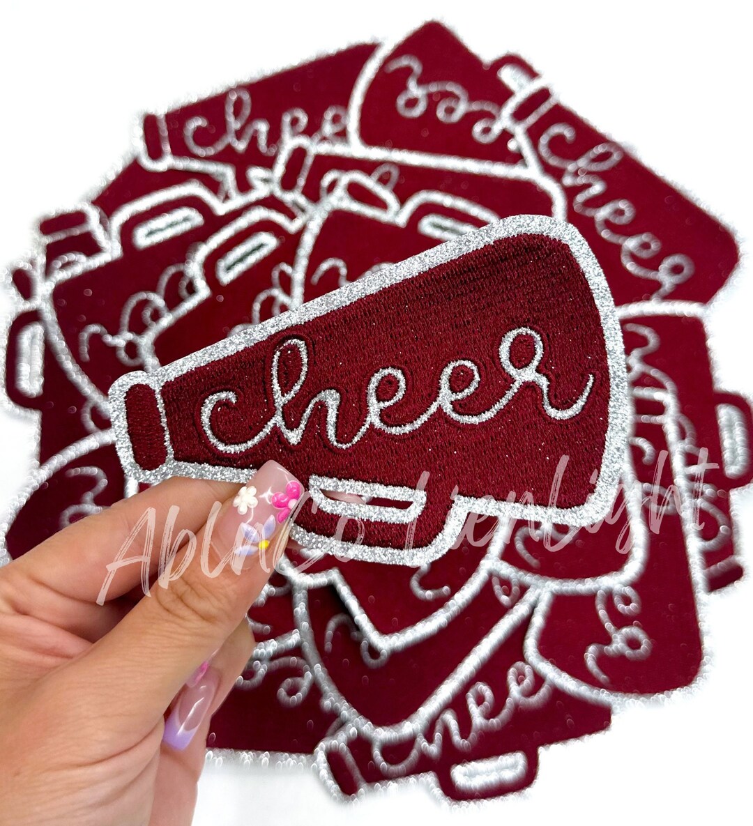 Cheer Patch, SILVER Glitter Cheer Iron on Patch, Pink Megaphone Patch