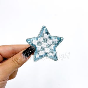 checkered star patch, blue star patch, star patch, sequin star patch, glitter star patch, embroidery patch, iron on patch, game day patch