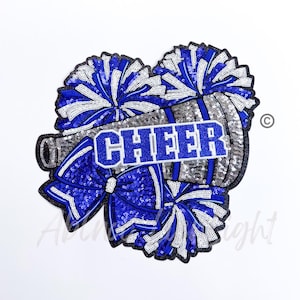 May include: Blue and silver sequined iron-on patch with a cheerleader megaphone, pom-poms, and a bow. The patch says "CHEER" in blue letters.