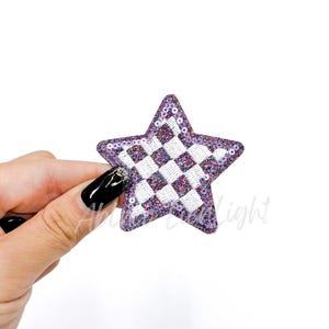 Checkered Sequin Star Patch: Purple Glitter Iron-On Applique