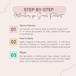 Puede incluir: Un gr&aacute;fico rosa y blanco con el texto "STEP-BY-STEP Instructions for Small Patches" en la parte superior. El gr&aacute;fico est&aacute; dividido en tres secciones, cada una con un n&uacute;mero y un t&iacute;tulo. La primera secci&oacute;n se titula "Ablnco Patches" y describe el tama&ntilde;o de los parches. La segunda secci&oacute;n se titula "How to Apply" y describe c&oacute;mo aplicar los parches. La tercera secci&oacute;n se titula "Styles" y describe los diferentes estilos de parches disponibles.