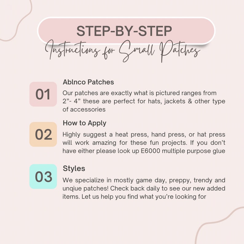 Puede incluir: Un gr&aacute;fico rosa y blanco con el texto "STEP-BY-STEP Instructions for Small Patches" en la parte superior. El gr&aacute;fico est&aacute; dividido en tres secciones, cada una con un n&uacute;mero y un t&iacute;tulo. La primera secci&oacute;n se titula "Ablnco Patches" y describe el tama&ntilde;o de los parches. La segunda secci&oacute;n se titula "How to Apply" y describe c&oacute;mo aplicar los parches. La tercera secci&oacute;n se titula "Styles" y describe los diferentes estilos de parches disponibles.