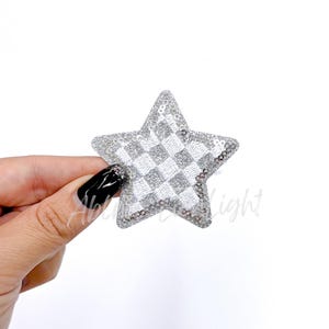 checkered star patch, silver star patch, star patch, sequin star patch, glitter star patch, embroidery patch, iron on patch, game day patch