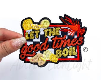 Parche de chenilla con diseño de cangrejo de río hervido: aplique termoadhesivo de Mardi Gras