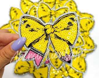 Pencil Bow Sequin Patch: Teacher Iron-On Applique (3")