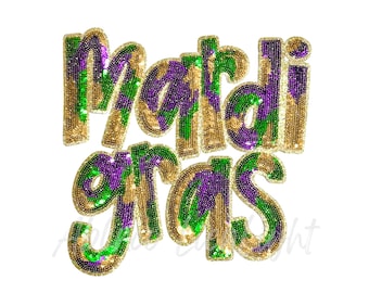 May include: The words "Mardi Gras" are spelled out in gold, green, and purple sequins. The letters are large and bold, with a slight curve to them. The background is white.
