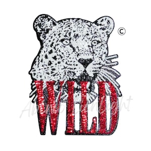 May include: A sequined leopard head design with the word "WILD" in red sequins. The leopard's face is black and white, with a black outline. The word "WILD" is in bold, red letters with a black outline.