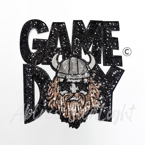 May include: Black sequined "GAME DAY" patch with a Viking graphic. The Viking has a silver helmet and a brown beard. The patch is on a white background.