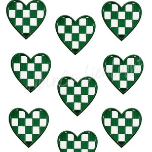 May include: Nine green and white checkered heart-shaped patches. The hearts are all the same size and shape.