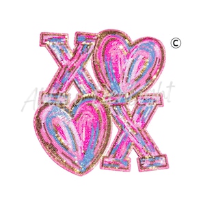 May include: A sequined patch featuring the letters "XOX" with two heart shapes. The letters and hearts are in pink, blue, and gold sequins, creating a sparkling effect. The patch is designed for decorative purposes.