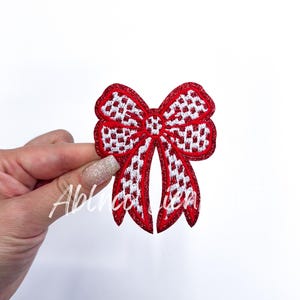 Red Glitter Bow Iron On Patch: Checkered Cheer Patch