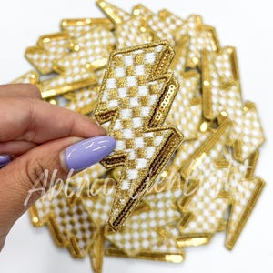 Gold Checkered Lightning Bolt Sequin Patch - 2.75”