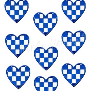 May include: Nine blue and white checkered heart-shaped patches. The hearts are outlined in blue and have a white checkered pattern.