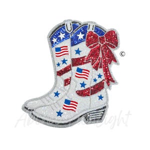 May include: A pair of white cowboy boots decorated with red, white, and blue sequins. The boots feature American flag motifs, blue stars, and a large red sequined bow on the side. The design is embellished with sparkling sequins throughout.
