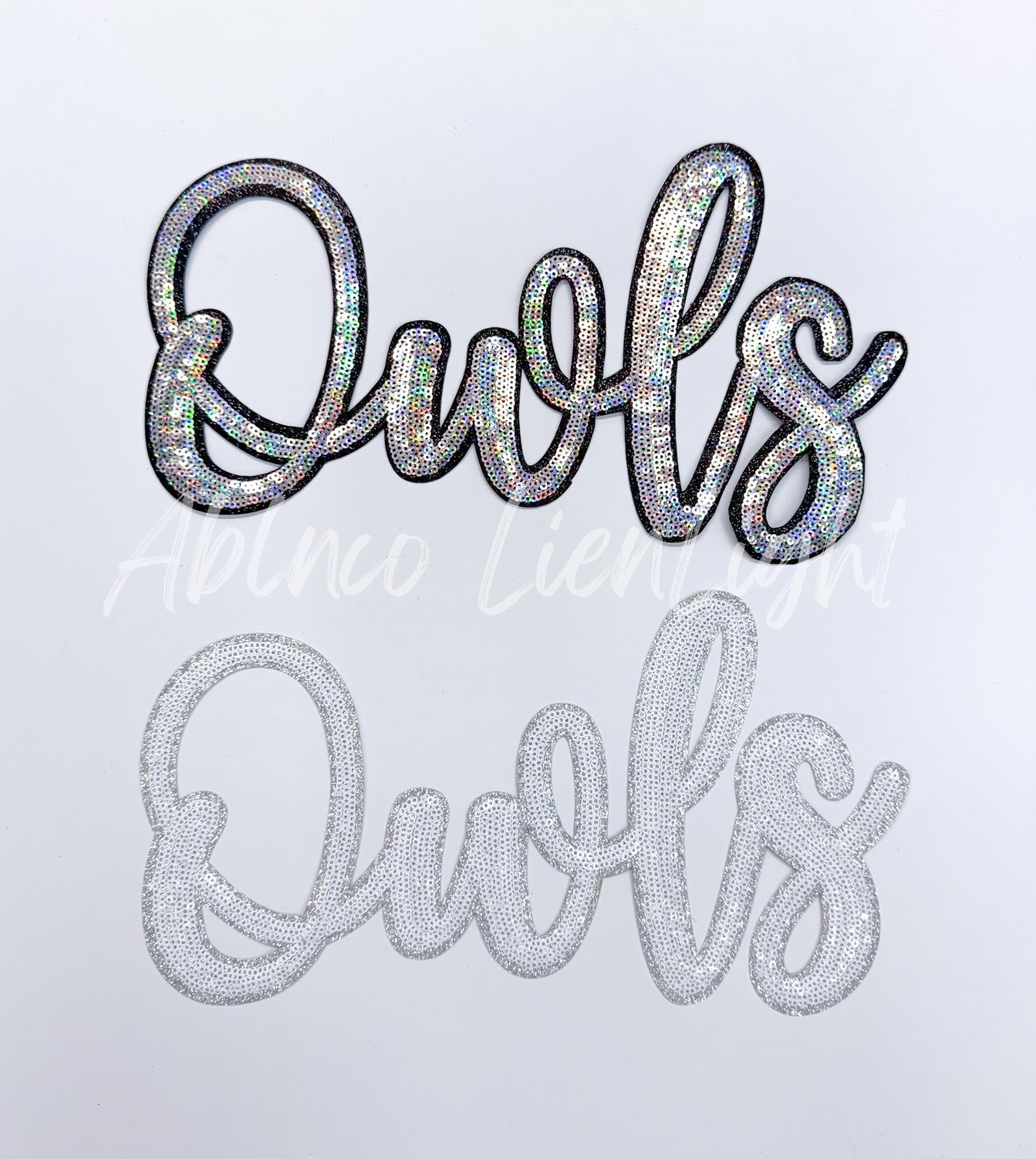 Owls Sequin Script Patch: Iron On Mascot Patch (12” x 6.7”)