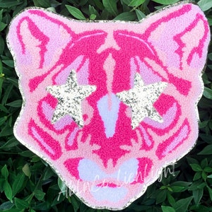 preppy mascots chenille patch, panther patch, pink mascot patch, game day chenille patch, trendy game day glitter custom shirt iron on patch