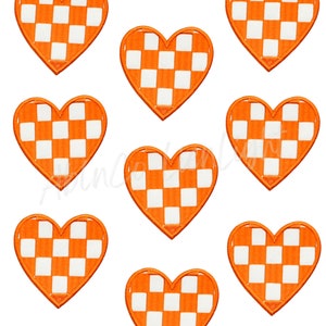 May include: Ten orange felt heart-shaped patches with a white checkered pattern.