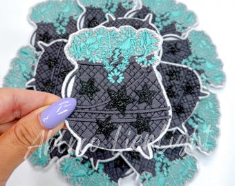 Cauldron Iron On Patch: Chenille Witch Patch, Turquoise Halloween Decor