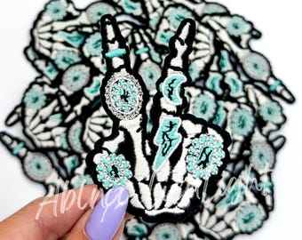 Skeleton Hand Patch: Turquoise Western Rodeo Iron-On Applique