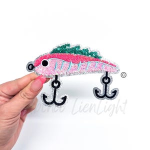 fishing lure patch, fishing patch, bass fish patch, fishing rod, sequins patch, trucker hat patches, trendy patch, iron on patch, DIY patch