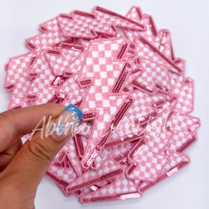 pink checkered patch, checkered lightning bolt patch, retro patch, sequin patch, filler patch, trucker hat patch, embroidery patch, ABLNco