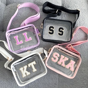 stadium bag, clear stadium bag, concert clear bag, game day clear bag, clear crossbody purse, stadium custom bag, chenille letters patch bag