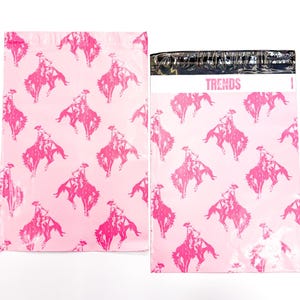 May include: Two pink shipping mailers with a repeating pattern of a cowboy riding a horse in a magenta color. The mailers have a glossy finish. One mailer has the word "TRENDS" printed in white.