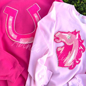 May include: Two pink sweatshirts with sparkly pink appliques. One sweatshirt has a horseshoe design and the other has a horse head design.