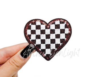 Checkered Heart Sequin Patch - Maroon Glitter Iron On Patch (3")