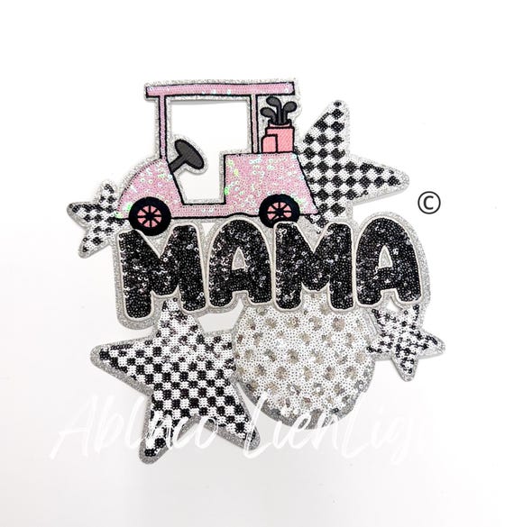 Golf Mama Sequin Patch: Checkered Iron-On Applique (10.5'')