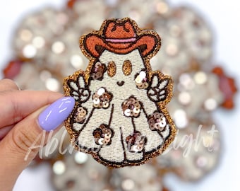 Floral Ghost Patch: Chenille Cowboy Hat Iron-On Applique