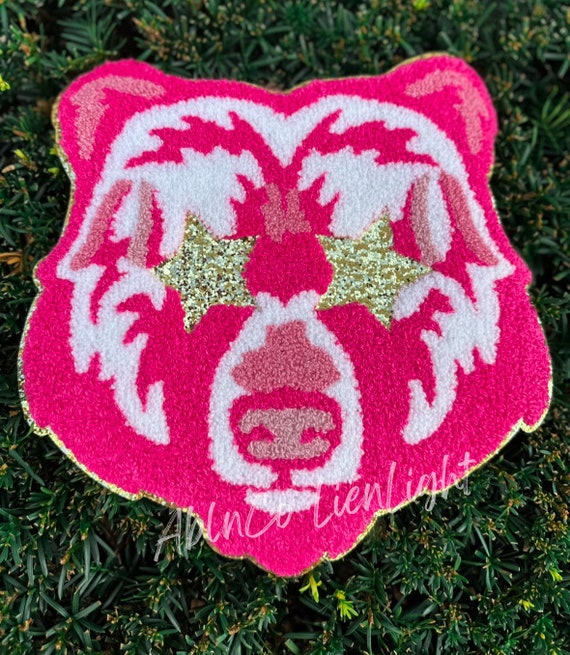 Pink Bear Chenille Patch: Glitter Star Eyes, Game Day Iron-On