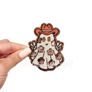 Floral Ghost Halloween Patch: Sequin Cowboy Hat Iron-On Applique
