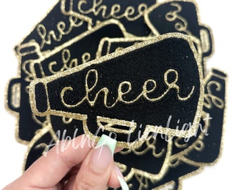 Cheer Megaphone Patch: Black & Gold Glitter Iron-On Applique
