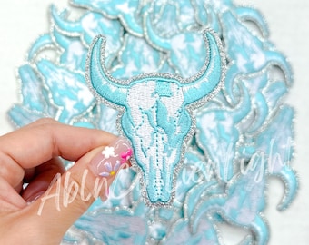Turquoise Glitter Bull Skull Patch: Western Rodeo Cowgirl Iron-On