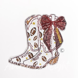 Large Sequin Football Boot Patch: Maroon Bow, Game Day Iron-On, DIY Shirt