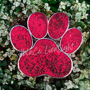 red paw patch, paw print patch, sequin patch, chenille patch, large patch iron on, mascot patches, game day patch, football, mom shirt, DIY