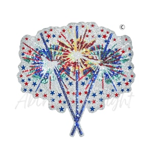 May include: A silver sequined patch featuring three firework bursts in red, blue, and green. The design includes scattered red and blue stars against a shimmering silver background, with a copyright symbol in the upper right corner.