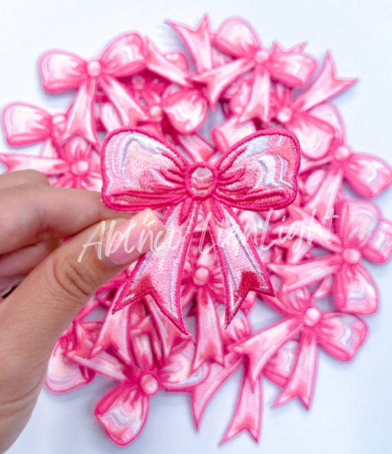 bow patch, pink bow patch, trucker hat patches, retro patch, preppy patch, coquette patch, embroidery patch, iron on patch, game day patch