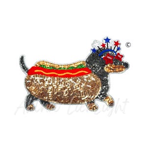 4th July Dachshund Hotdog Patch, Patriotic USA Sequin Applique (10" W x 7" H)