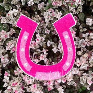 May include: A bright pink horseshoe-shaped decoration with a textured surface, accented with a lighter pink stripe and small white circular embellishments. The background features a mix of green and white foliage with pink flowers. The text "Coco Lien" is visible.