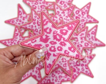 Pink Leopard Print Star Iron On Patch: Glitter Western Trucker Hat Patch
